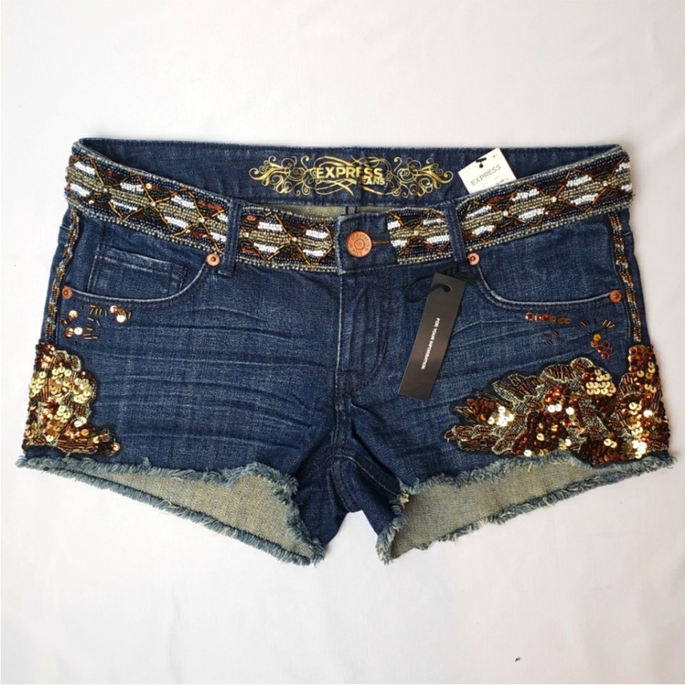 NWT Express gorgeous bronze gold and white sequined and beaded blue jeans